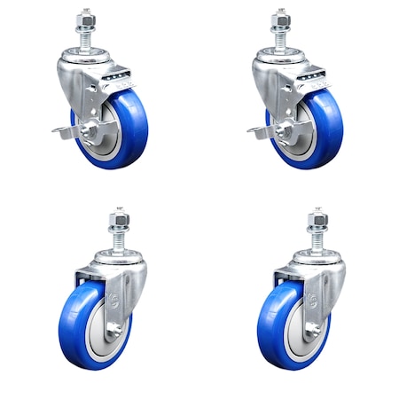 4 Inch SS Blue Polyurethane Swivel ½ Inch Threaded Stem Caster Brakes SCC, 2PK